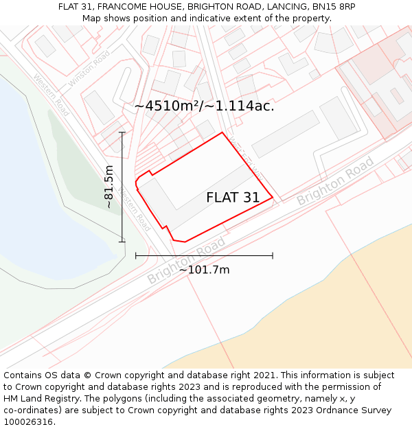 FLAT 31, FRANCOME HOUSE, BRIGHTON ROAD, LANCING, BN15 8RP: Plot and title map