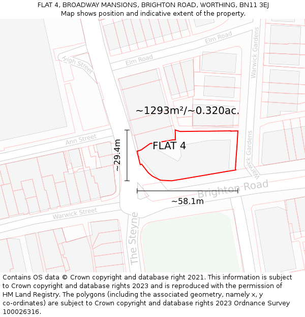FLAT 4, BROADWAY MANSIONS, BRIGHTON ROAD, WORTHING, BN11 3EJ: Plot and title map