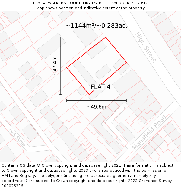 FLAT 4, WALKERS COURT, HIGH STREET, BALDOCK, SG7 6TU: Plot and title map
