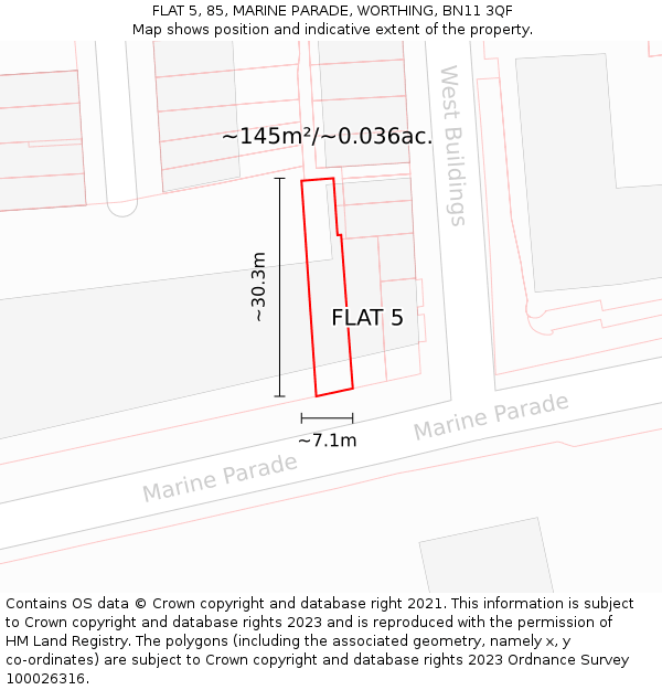 FLAT 5, 85, MARINE PARADE, WORTHING, BN11 3QF: Plot and title map