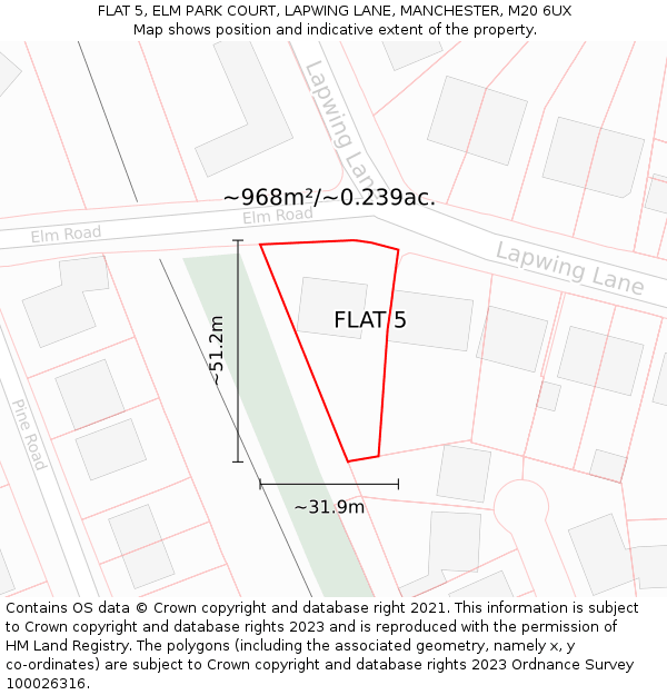 FLAT 5, ELM PARK COURT, LAPWING LANE, MANCHESTER, M20 6UX: Plot and title map