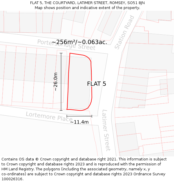FLAT 5, THE COURTYARD, LATIMER STREET, ROMSEY, SO51 8JN: Plot and title map