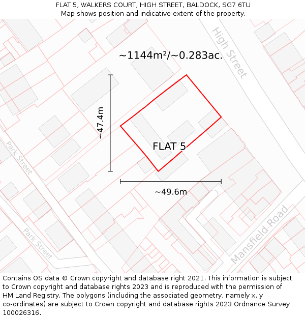 FLAT 5, WALKERS COURT, HIGH STREET, BALDOCK, SG7 6TU: Plot and title map