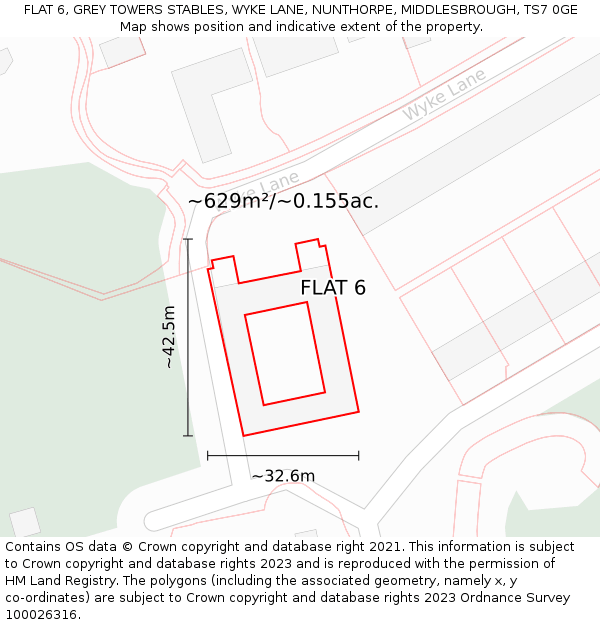 FLAT 6, GREY TOWERS STABLES, WYKE LANE, NUNTHORPE, MIDDLESBROUGH, TS7 0GE: Plot and title map