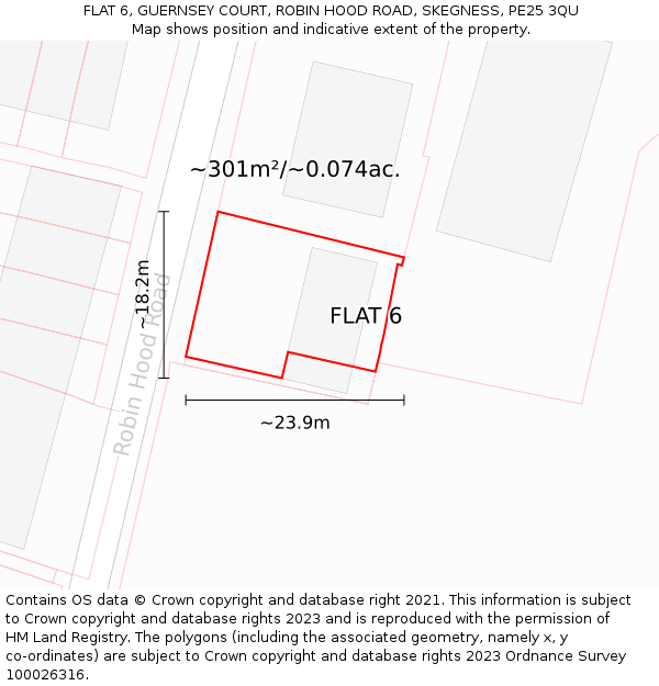 FLAT 6, GUERNSEY COURT, ROBIN HOOD ROAD, SKEGNESS, PE25 3QU: Plot and title map