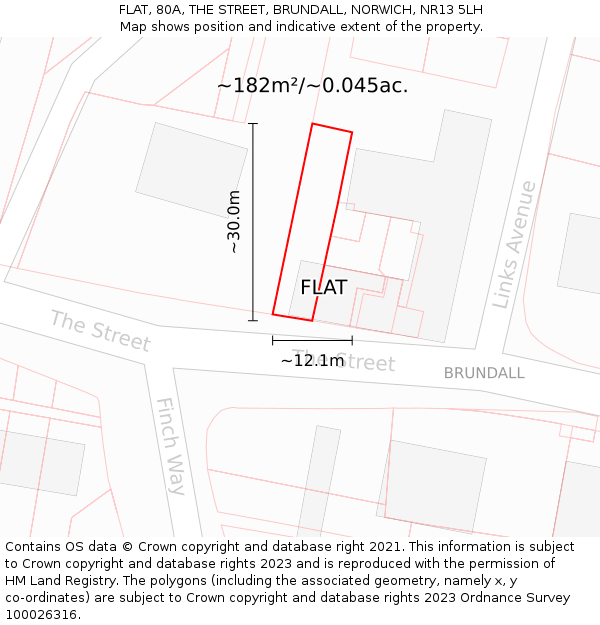 FLAT, 80A, THE STREET, BRUNDALL, NORWICH, NR13 5LH: Plot and title map