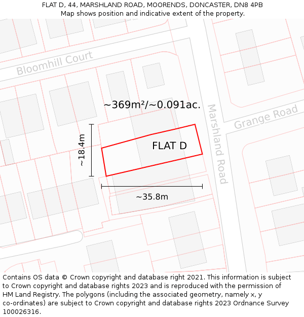 FLAT D, 44, MARSHLAND ROAD, MOORENDS, DONCASTER, DN8 4PB: Plot and title map