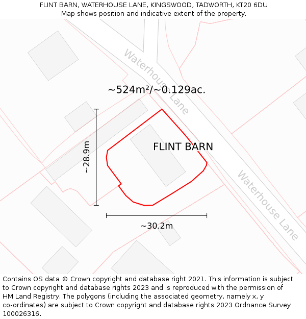 FLINT BARN, WATERHOUSE LANE, KINGSWOOD, TADWORTH, KT20 6DU: Plot and title map