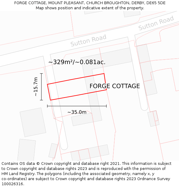FORGE COTTAGE, MOUNT PLEASANT, CHURCH BROUGHTON, DERBY, DE65 5DE: Plot and title map