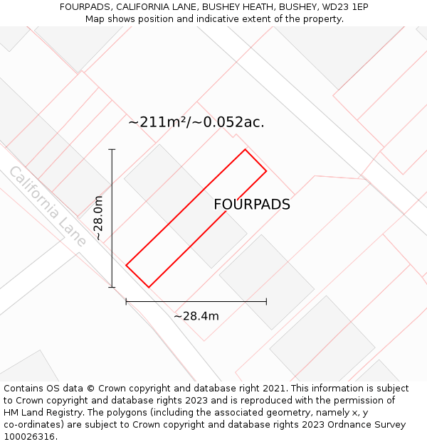FOURPADS, CALIFORNIA LANE, BUSHEY HEATH, BUSHEY, WD23 1EP: Plot and title map