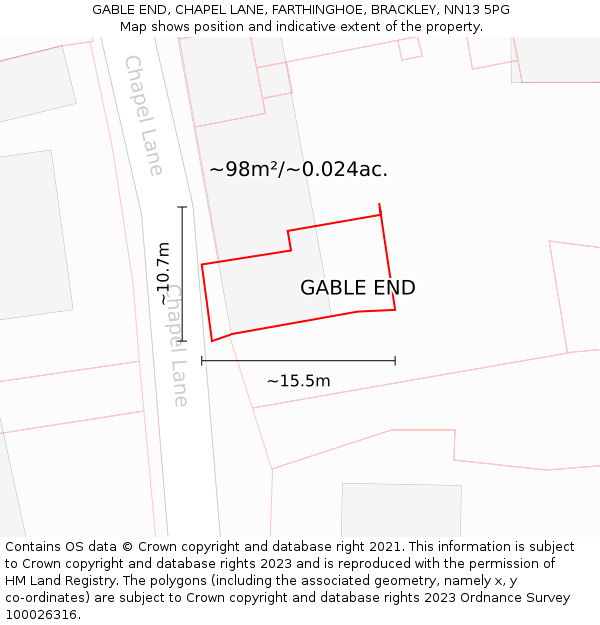 GABLE END, CHAPEL LANE, FARTHINGHOE, BRACKLEY, NN13 5PG: Plot and title map