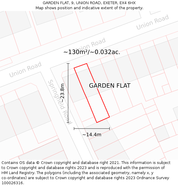 GARDEN FLAT, 9, UNION ROAD, EXETER, EX4 6HX: Plot and title map