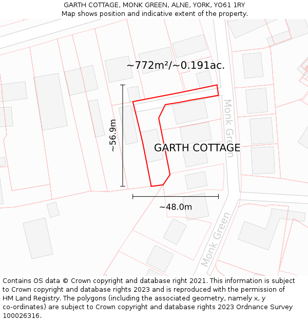 GARTH COTTAGE, MONK GREEN, ALNE, YORK, YO61 1RY: Plot and title map