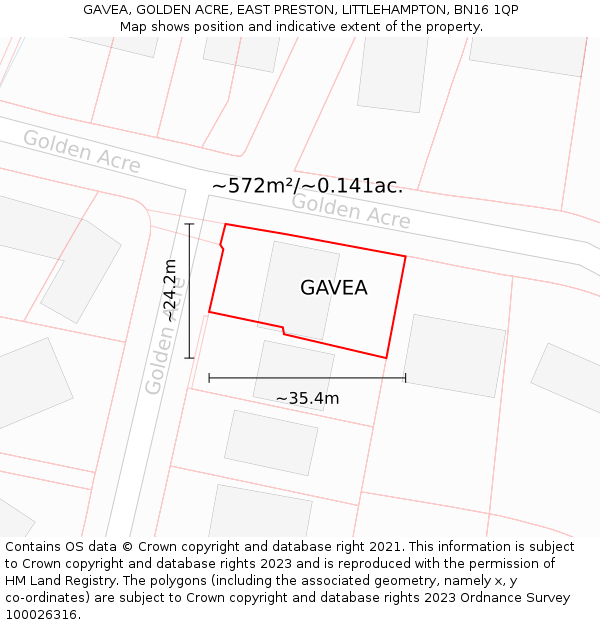 GAVEA, GOLDEN ACRE, EAST PRESTON, LITTLEHAMPTON, BN16 1QP: Plot and title map