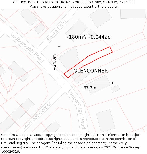GLENCONNER, LUDBOROUGH ROAD, NORTH THORESBY, GRIMSBY, DN36 5RF: Plot and title map
