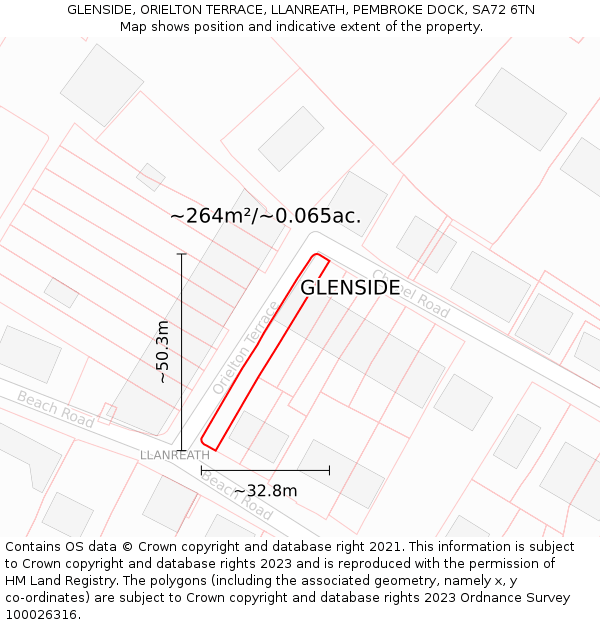 GLENSIDE, ORIELTON TERRACE, LLANREATH, PEMBROKE DOCK, SA72 6TN: Plot and title map