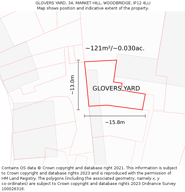 GLOVERS YARD, 34, MARKET HILL, WOODBRIDGE, IP12 4LU: Plot and title map