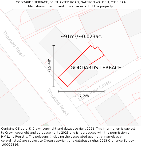 GODDARDS TERRACE, 50, THAXTED ROAD, SAFFRON WALDEN, CB11 3AA: Plot and title map