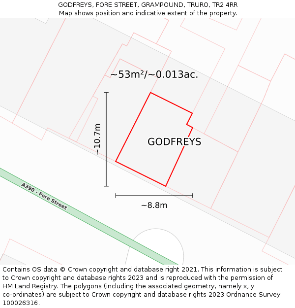GODFREYS, FORE STREET, GRAMPOUND, TRURO, TR2 4RR: Plot and title map