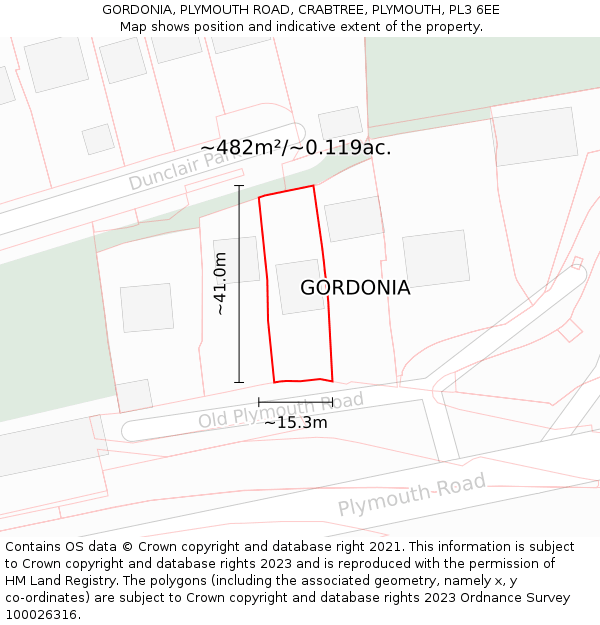 GORDONIA, PLYMOUTH ROAD, CRABTREE, PLYMOUTH, PL3 6EE: Plot and title map