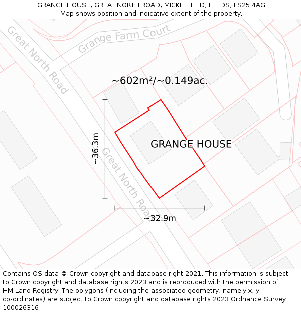 GRANGE HOUSE, GREAT NORTH ROAD, MICKLEFIELD, LEEDS, LS25 4AG: Plot and title map