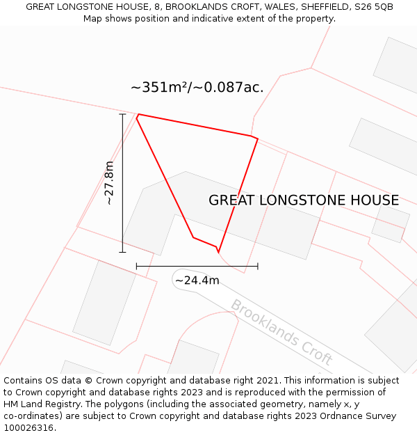 GREAT LONGSTONE HOUSE, 8, BROOKLANDS CROFT, WALES, SHEFFIELD, S26 5QB: Plot and title map