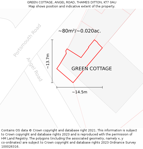 GREEN COTTAGE, ANGEL ROAD, THAMES DITTON, KT7 0AU: Plot and title map