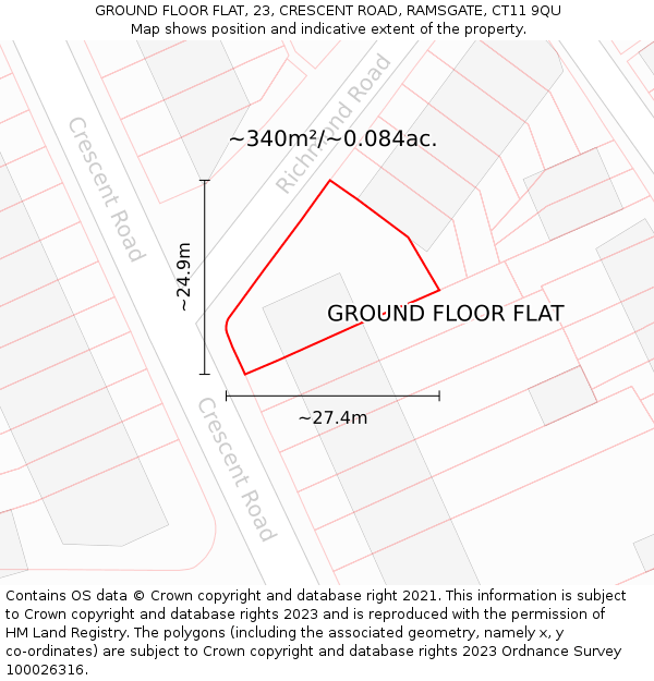 GROUND FLOOR FLAT, 23, CRESCENT ROAD, RAMSGATE, CT11 9QU: Plot and title map