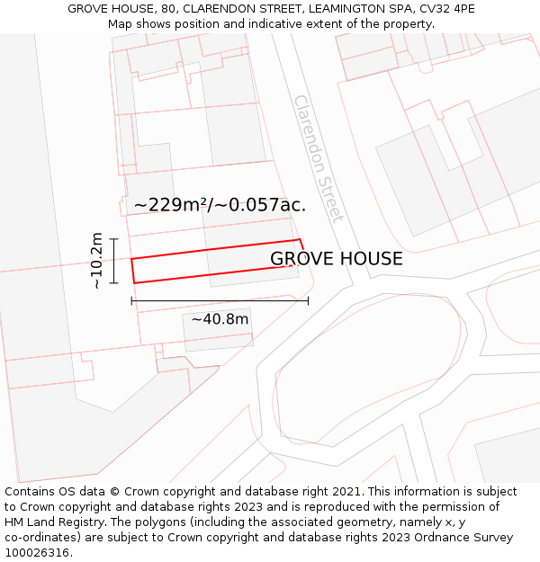 GROVE HOUSE, 80, CLARENDON STREET, LEAMINGTON SPA, CV32 4PE: Plot and title map