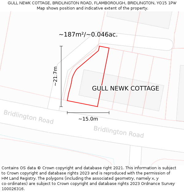 GULL NEWK COTTAGE, BRIDLINGTON ROAD, FLAMBOROUGH, BRIDLINGTON, YO15 1PW: Plot and title map