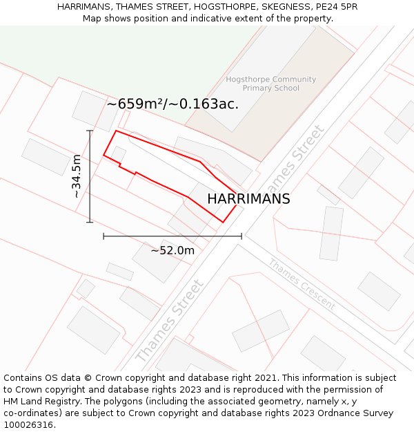 HARRIMANS, THAMES STREET, HOGSTHORPE, SKEGNESS, PE24 5PR: Plot and title map
