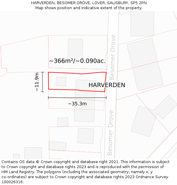 HARVERDEN, BESOMER DROVE, LOVER, SALISBURY, SP5 2PN: Plot and title map