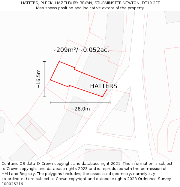 HATTERS, PLECK, HAZELBURY BRYAN, STURMINSTER NEWTON, DT10 2EF: Plot and title map