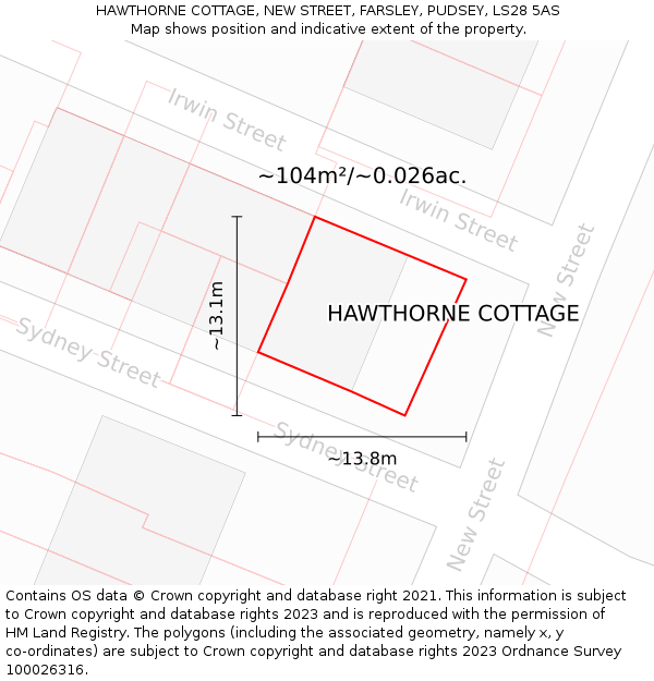 HAWTHORNE COTTAGE, NEW STREET, FARSLEY, PUDSEY, LS28 5AS: Plot and title map