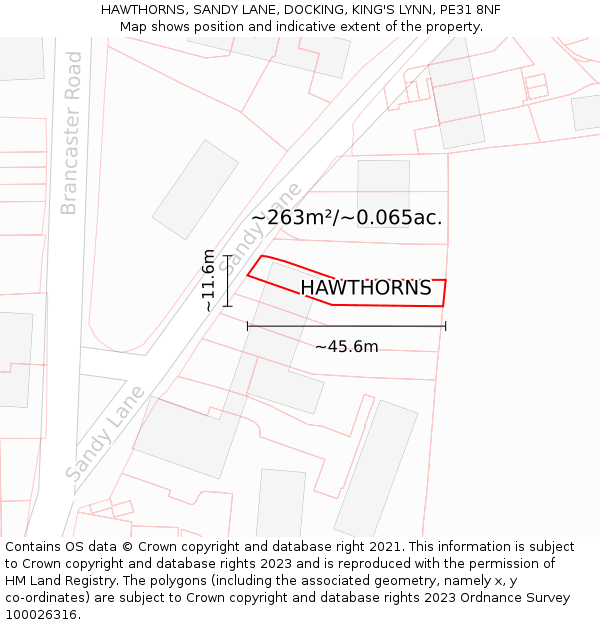 HAWTHORNS, SANDY LANE, DOCKING, KING'S LYNN, PE31 8NF: Plot and title map
