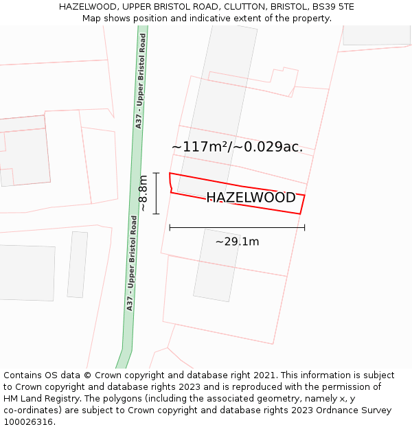 HAZELWOOD, UPPER BRISTOL ROAD, CLUTTON, BRISTOL, BS39 5TE: Plot and title map