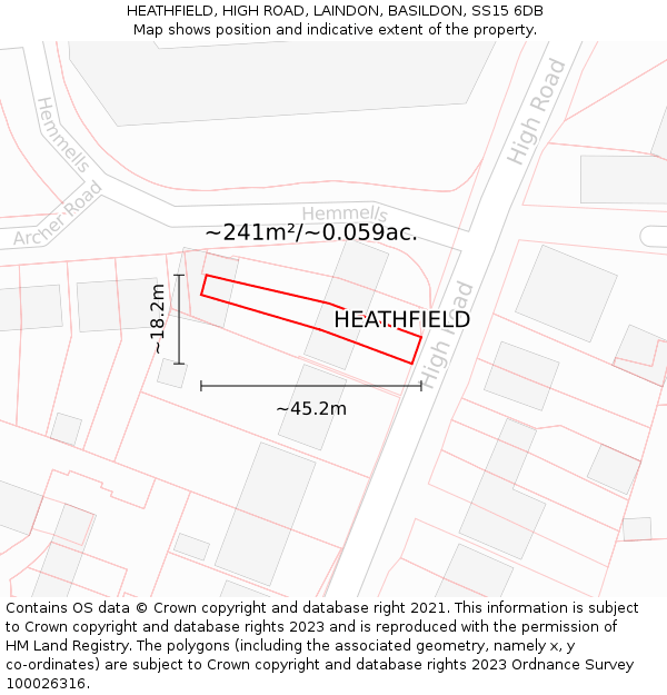 HEATHFIELD, HIGH ROAD, LAINDON, BASILDON, SS15 6DB: Plot and title map