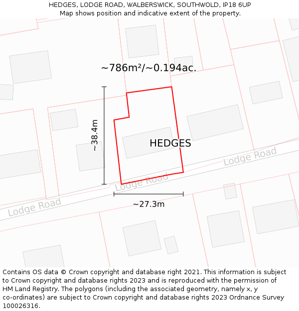 HEDGES, LODGE ROAD, WALBERSWICK, SOUTHWOLD, IP18 6UP: Plot and title map