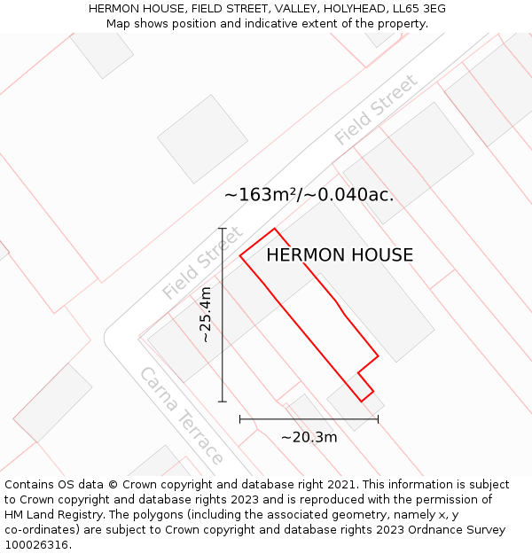 HERMON HOUSE, FIELD STREET, VALLEY, HOLYHEAD, LL65 3EG: Plot and title map