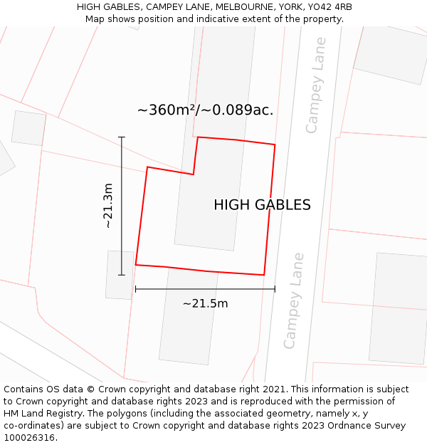 HIGH GABLES, CAMPEY LANE, MELBOURNE, YORK, YO42 4RB: Plot and title map
