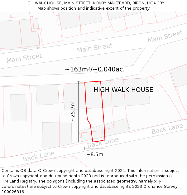 HIGH WALK HOUSE, MAIN STREET, KIRKBY MALZEARD, RIPON, HG4 3RY: Plot and title map