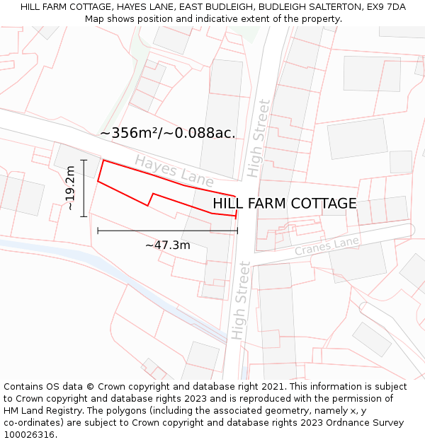 HILL FARM COTTAGE, HAYES LANE, EAST BUDLEIGH, BUDLEIGH SALTERTON, EX9 7DA: Plot and title map