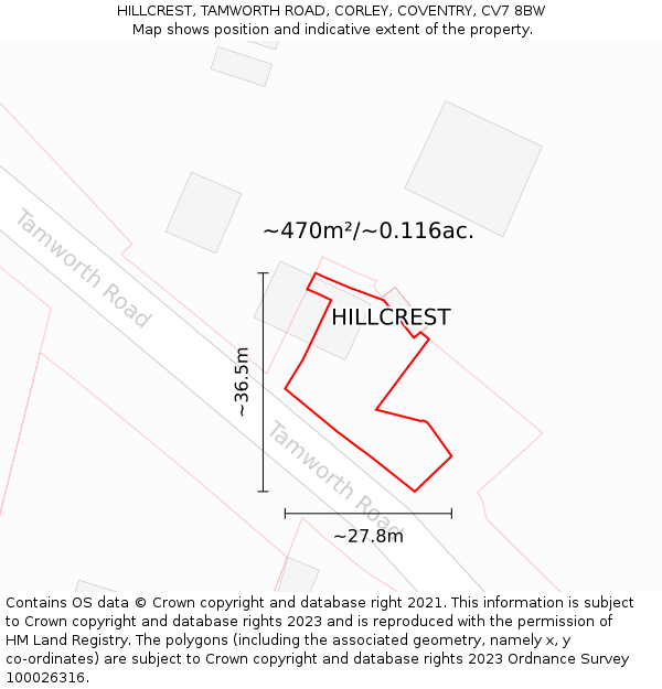 HILLCREST, TAMWORTH ROAD, CORLEY, COVENTRY, CV7 8BW: Plot and title map