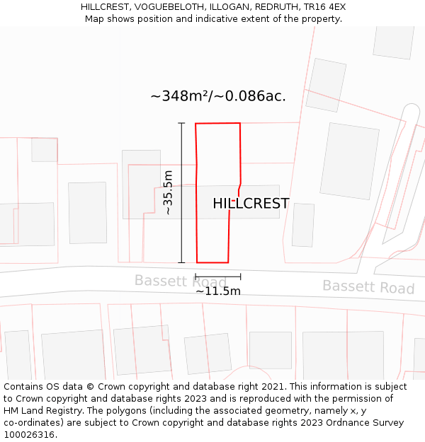 HILLCREST, VOGUEBELOTH, ILLOGAN, REDRUTH, TR16 4EX: Plot and title map