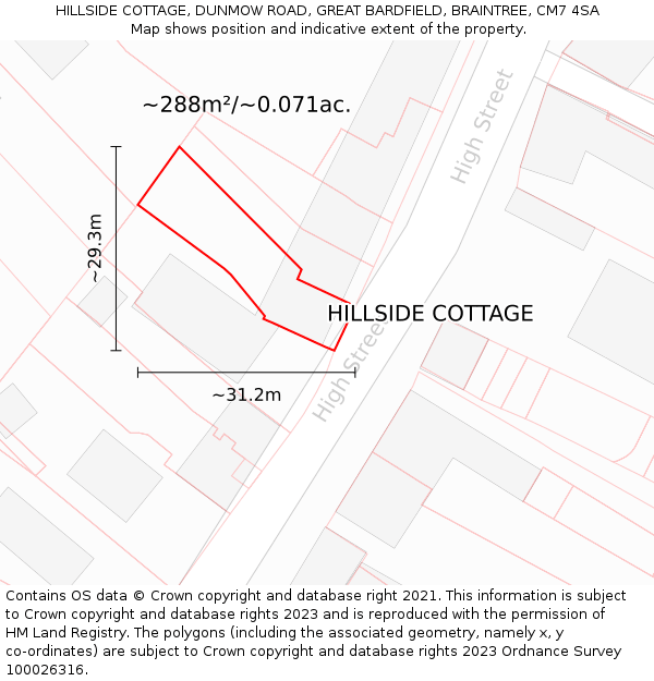 HILLSIDE COTTAGE, DUNMOW ROAD, GREAT BARDFIELD, BRAINTREE, CM7 4SA: Plot and title map