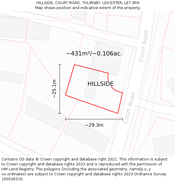 HILLSIDE, COURT ROAD, THURNBY, LEICESTER, LE7 9PA: Plot and title map