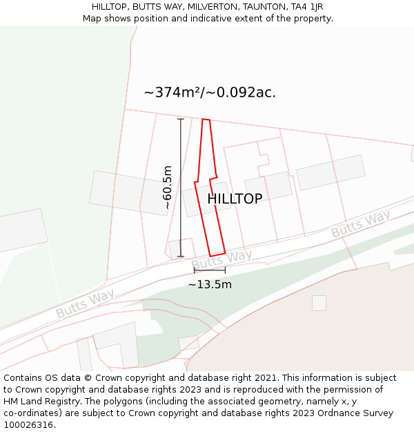 HILLTOP, BUTTS WAY, MILVERTON, TAUNTON, TA4 1JR: Plot and title map