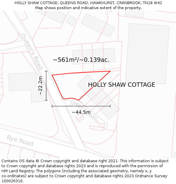 HOLLY SHAW COTTAGE, QUEENS ROAD, HAWKHURST, CRANBROOK, TN18 4HG: Plot and title map