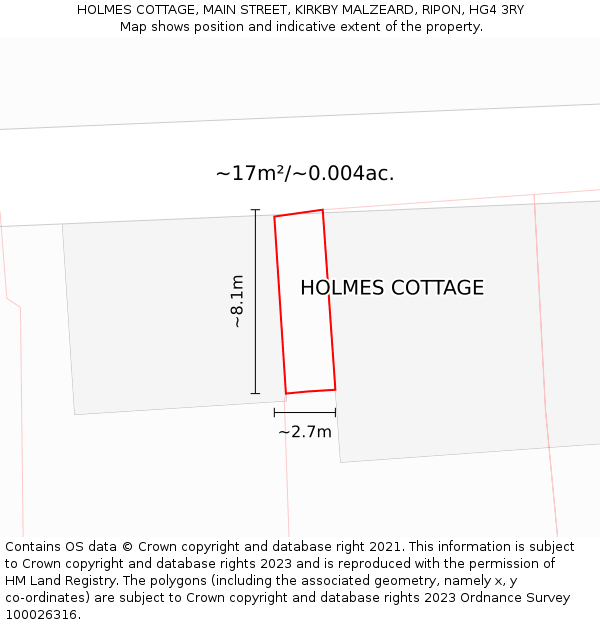 HOLMES COTTAGE, MAIN STREET, KIRKBY MALZEARD, RIPON, HG4 3RY: Plot and title map