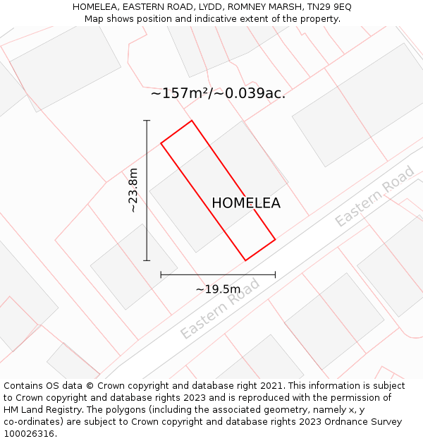 HOMELEA, EASTERN ROAD, LYDD, ROMNEY MARSH, TN29 9EQ: Plot and title map